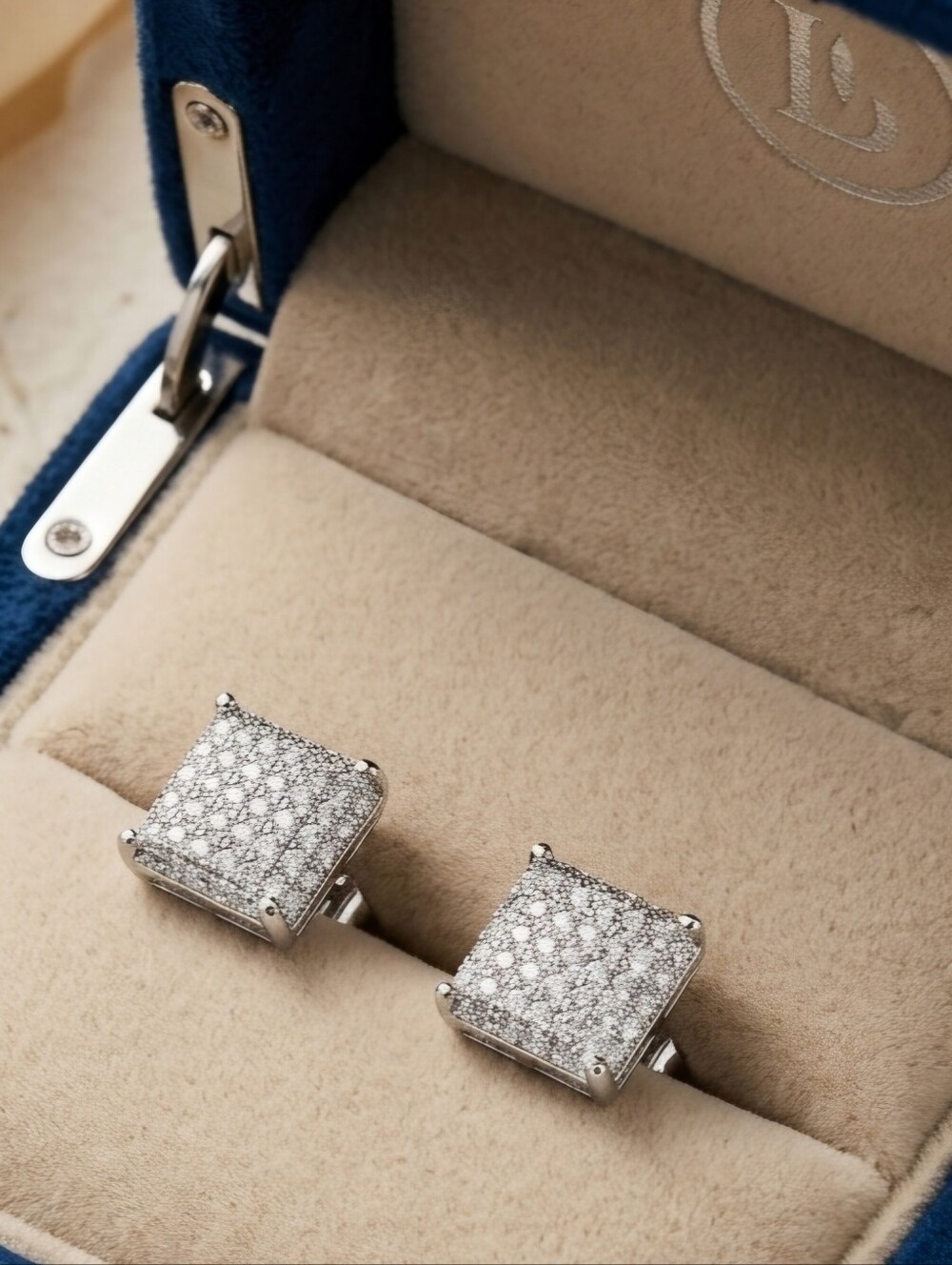 Iced Mens 14K White Gold Micropave Earrings